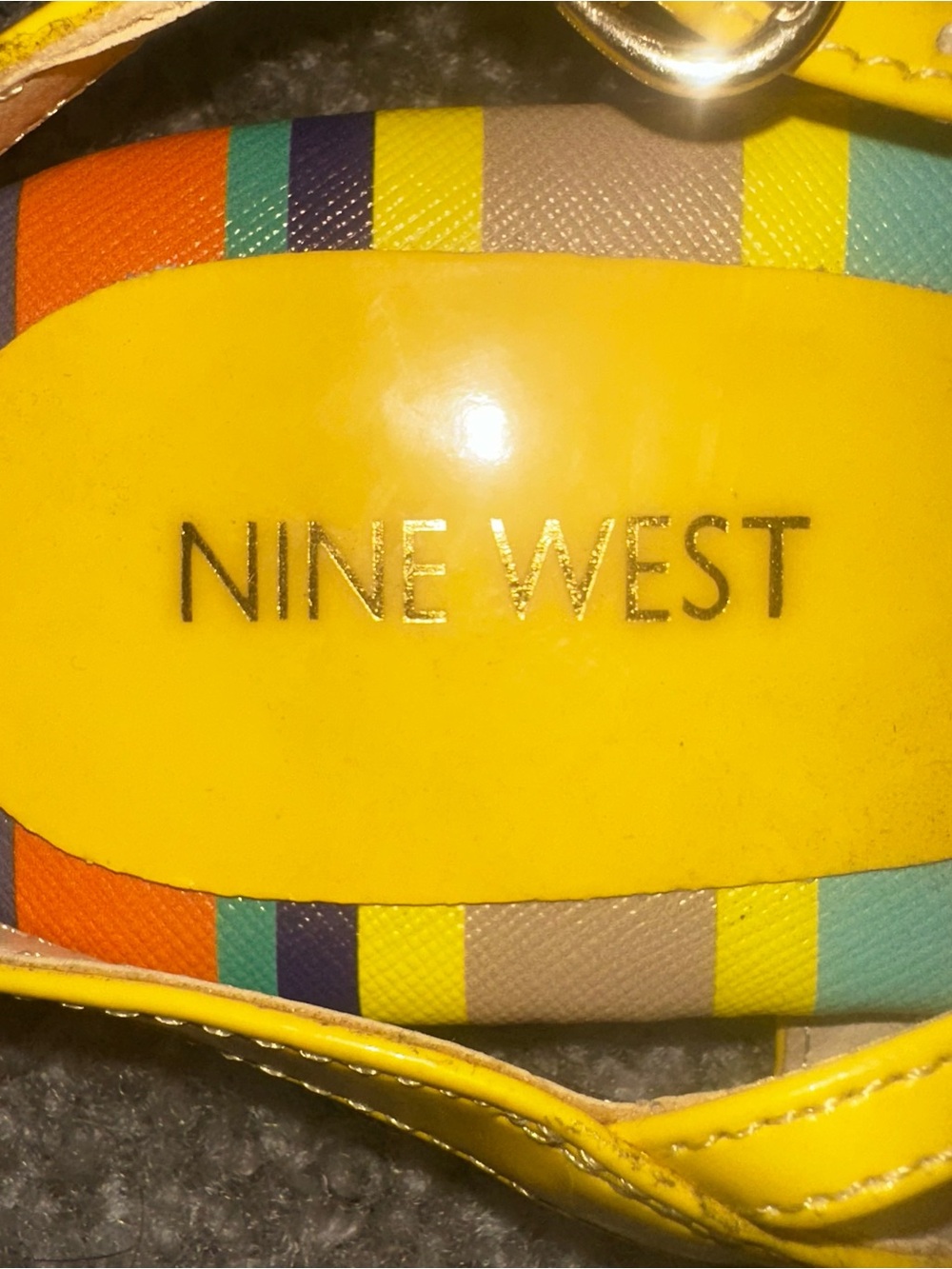 Nine West Yellow T-Strap Sandals with Rainbow Striped Footbed - Picture 3 of 6